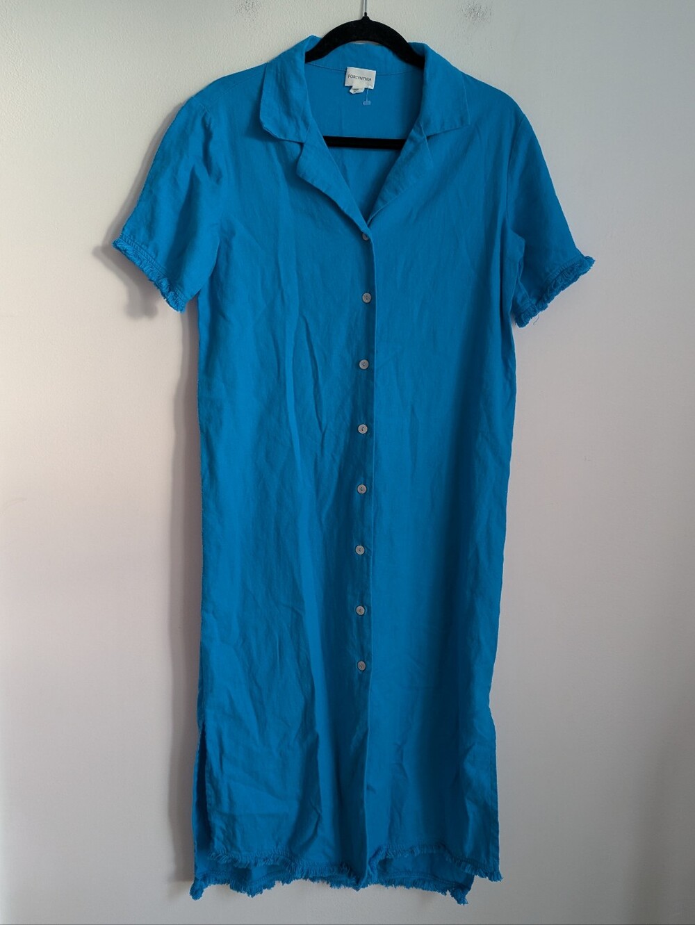 For Cynthia Blue Linen Midi Length Oversized Short Sleeve Shirt Dress S